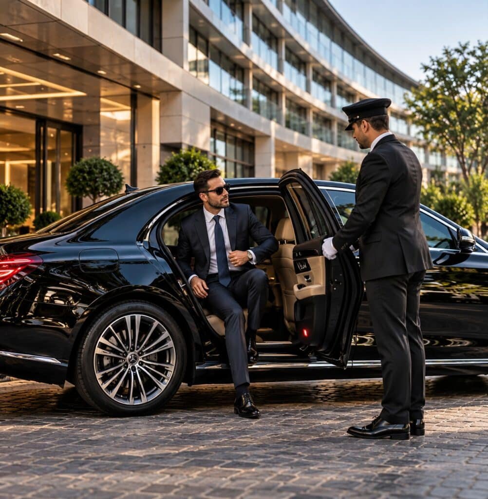 Chauffeur opening the rear door for a business passenger