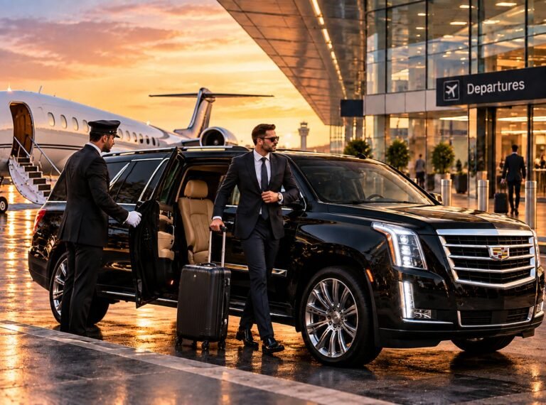 Chauffeur greeting a traveler beside a black Cadillac Escalade at the airport