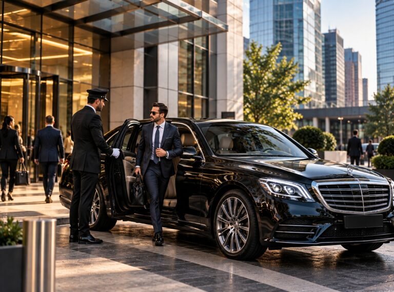Executive stepping out of a black Mercedes sedan outside an office building