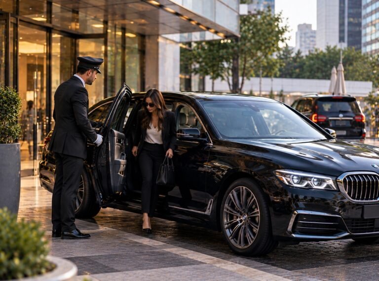 Chauffeur opening the door of a black BMW sedan for an executive