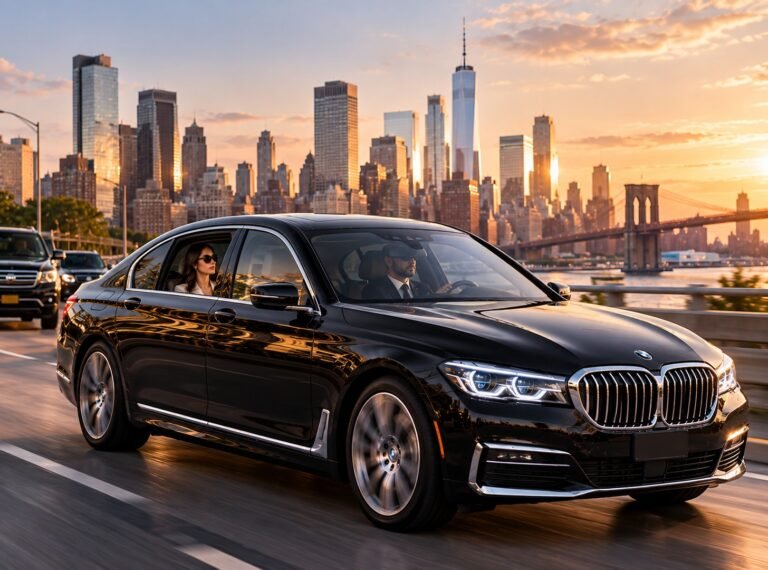 Black BMW sedan driving with the New York skyline