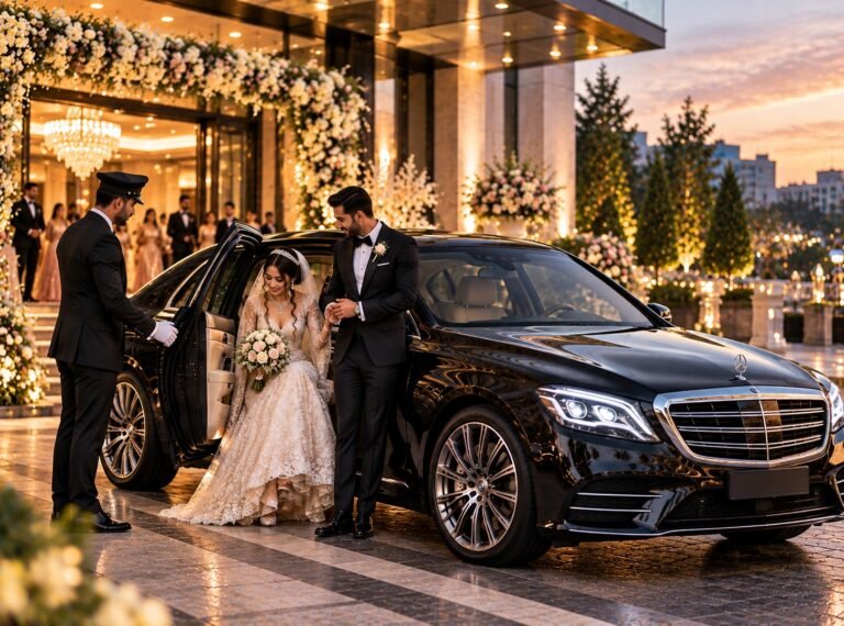 Chauffeur opening the door for a bride and groom