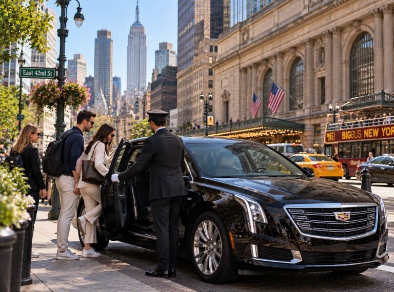 Chauffeur assisting travelers on East 42nd Street in New York