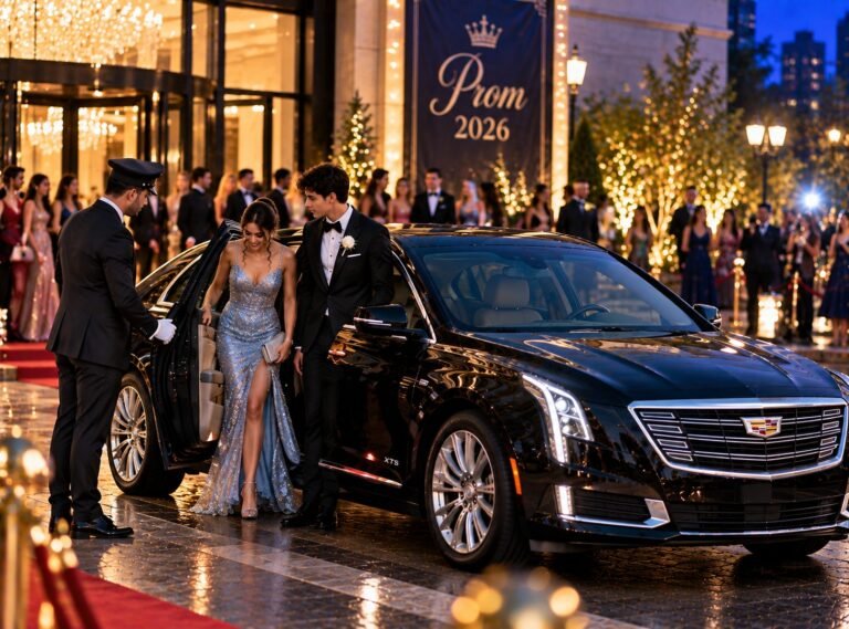 Chauffeur opening the door for a prom couple