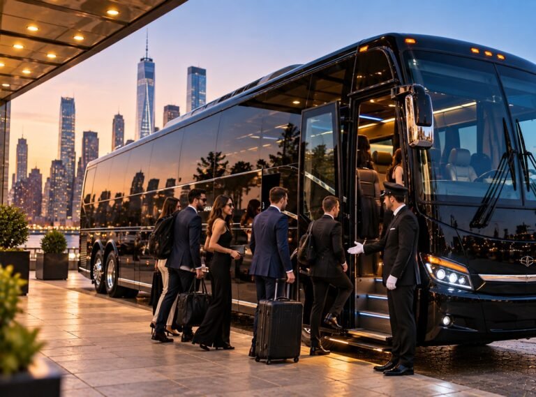 Group boarding a black coach bus