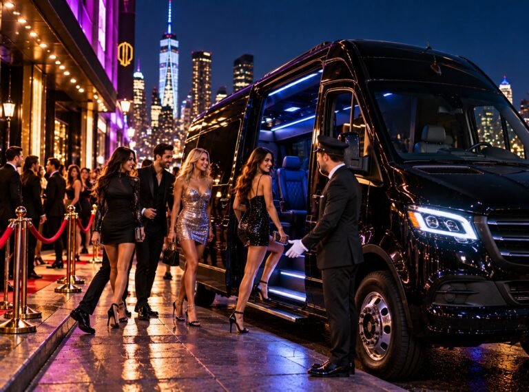 Group boarding a black Mercedes Sprinter at night