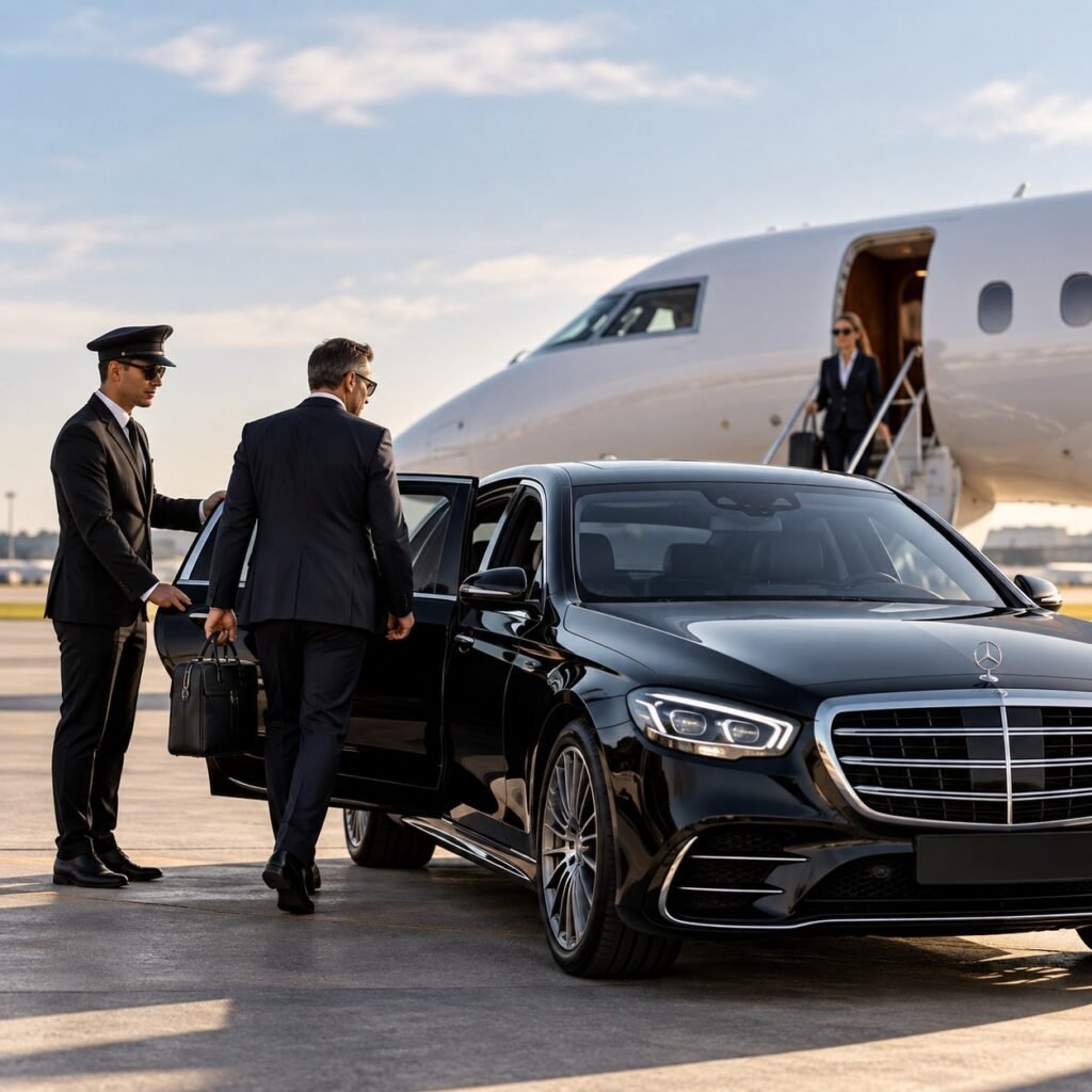 Chauffeur opening the car door for a business traveler beside a private jet