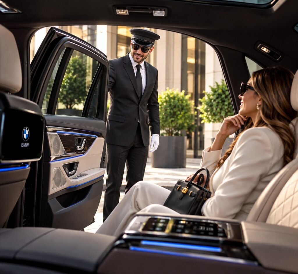 Chauffeur opening the rear door for a passenger seated in a luxury sedan