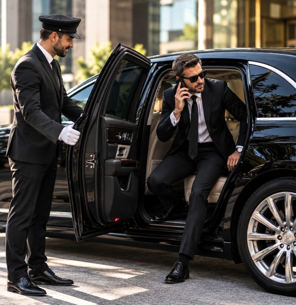 Chauffeur holding the door as a business passenger steps out of a black sedan