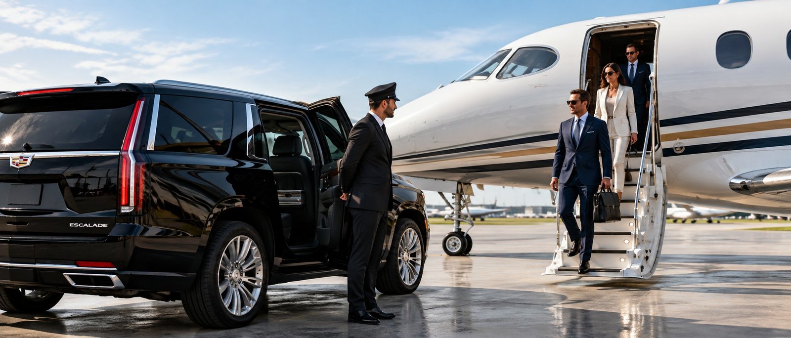 East Hampton Airport Car Service (HTO) 1 East Hampton Airport Car Service – Chauffeur-driven luxury car waiting for passengers of a private flight at East Hampton Airport