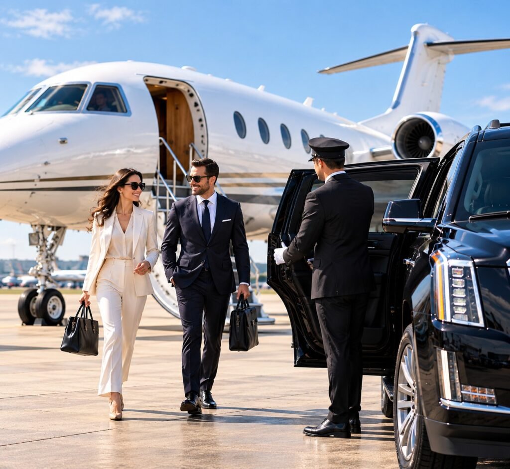 Chauffeur opening the door of a black SUV for two travelers arriving from a private jet