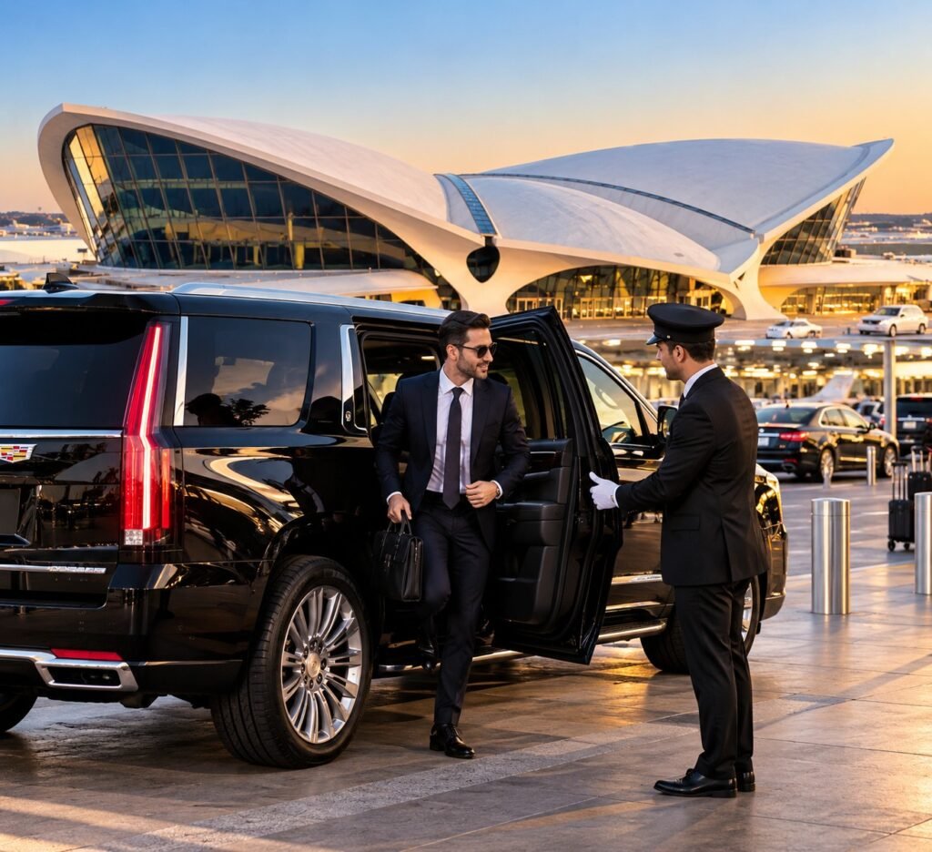 Chauffeur holding the SUV door for a traveler outside the TWA Flight Center at JFK Airport