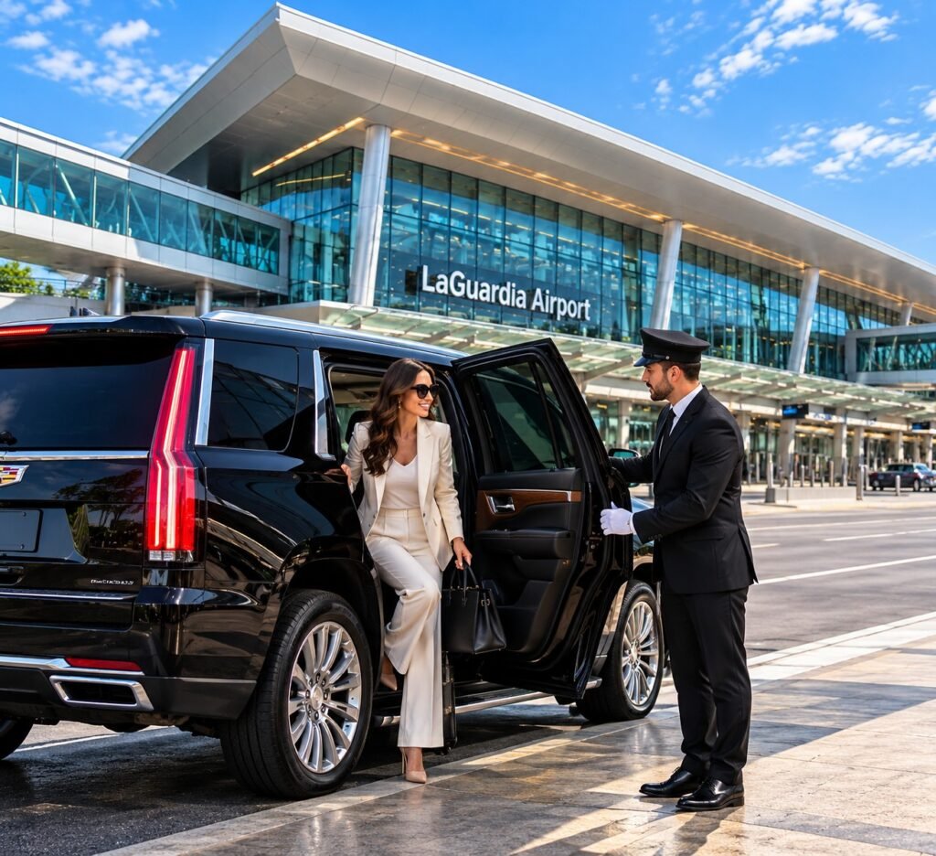 Chauffeur helping a passenger out of a black Cadillac Escalade outside LaGuardia Airport