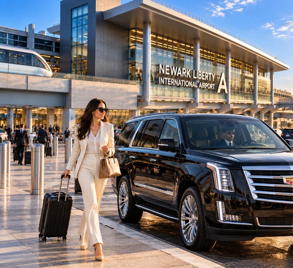 Traveler with luggage walking past a chauffeured Cadillac Escalade at Newark Liberty International Airport Terminal A
