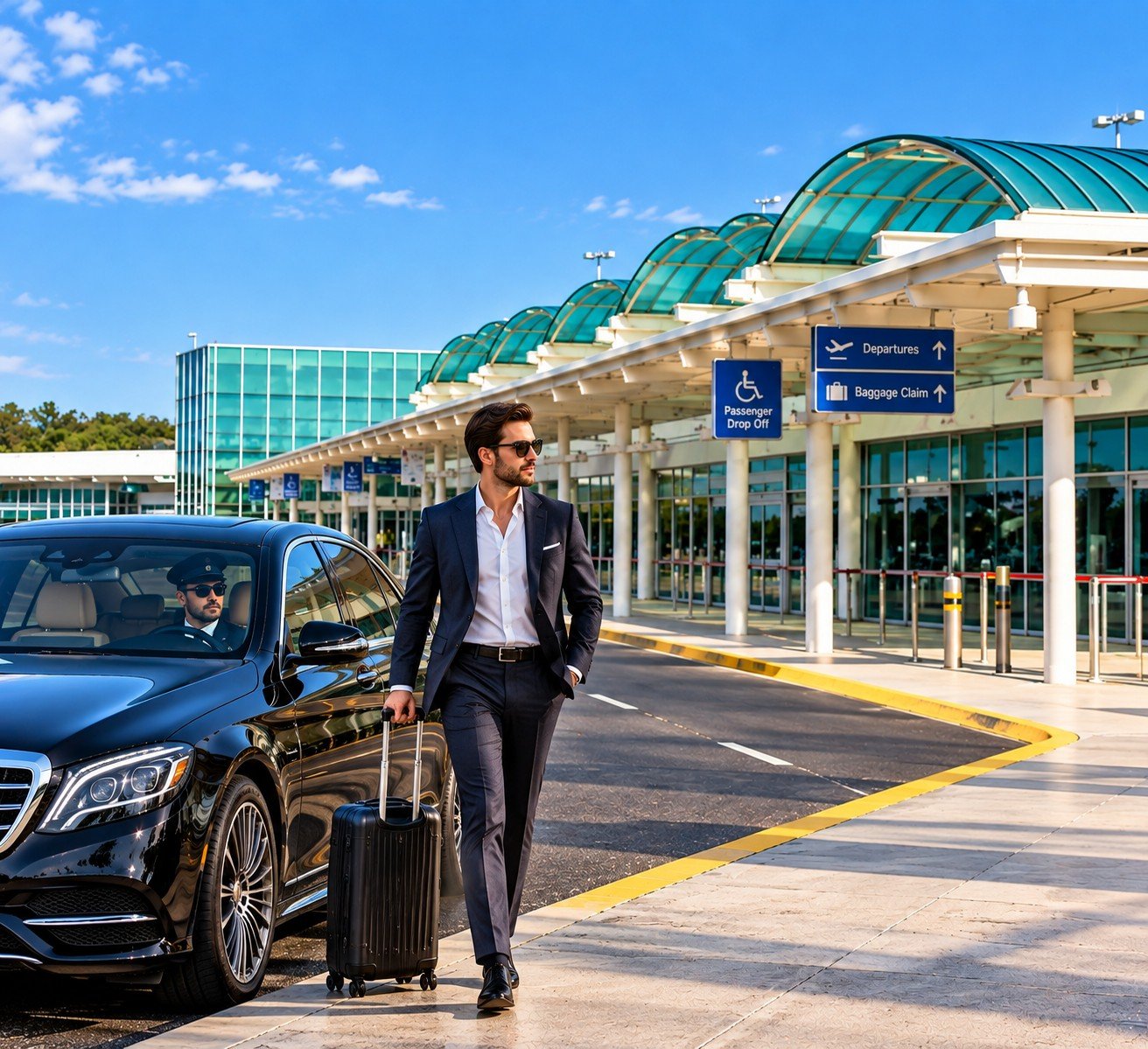 Gabreski Airport Car Service (FOK), Westhampton 1 Gabreski Airport Car Service – Traveller with luggage beside a chauffeur-driven SUV at Gabreski Airport in Westhampton Beach