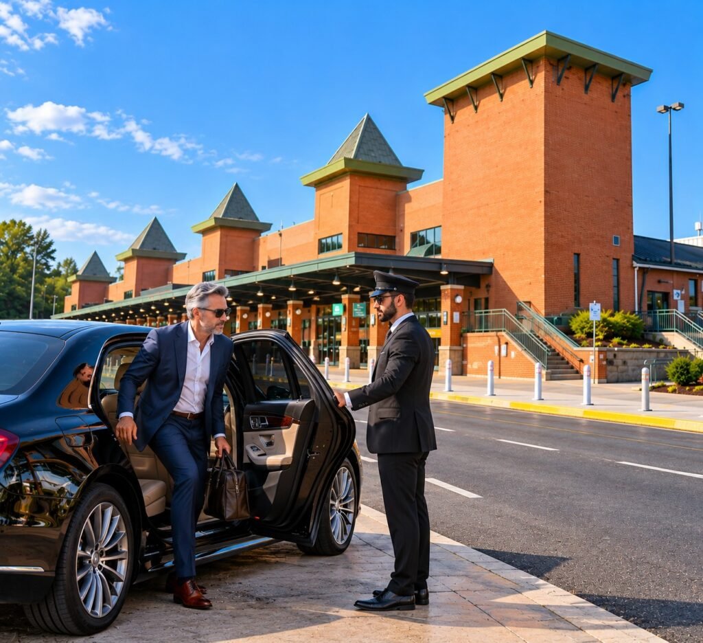 Chauffeur holding the sedan door for a passenger outside New York Stewart International Airport