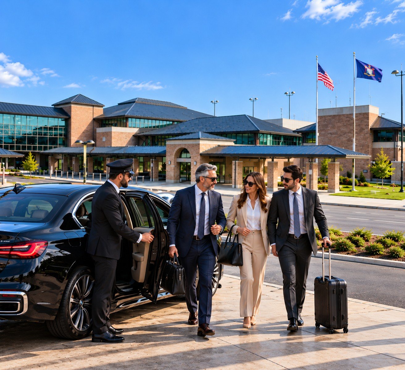 Essex County Airport (CDW) Car Service 1 Chauffeur opening a sedan door for a business traveller at Essex County Airport in Caldwell, NJ