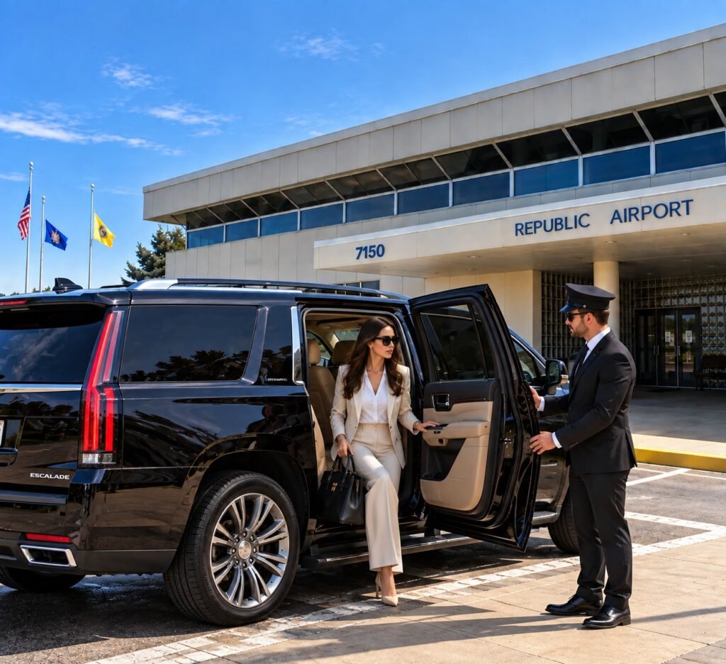 Chauffeur holding the Cadillac Escalade door for a passenger outside Republic Airport