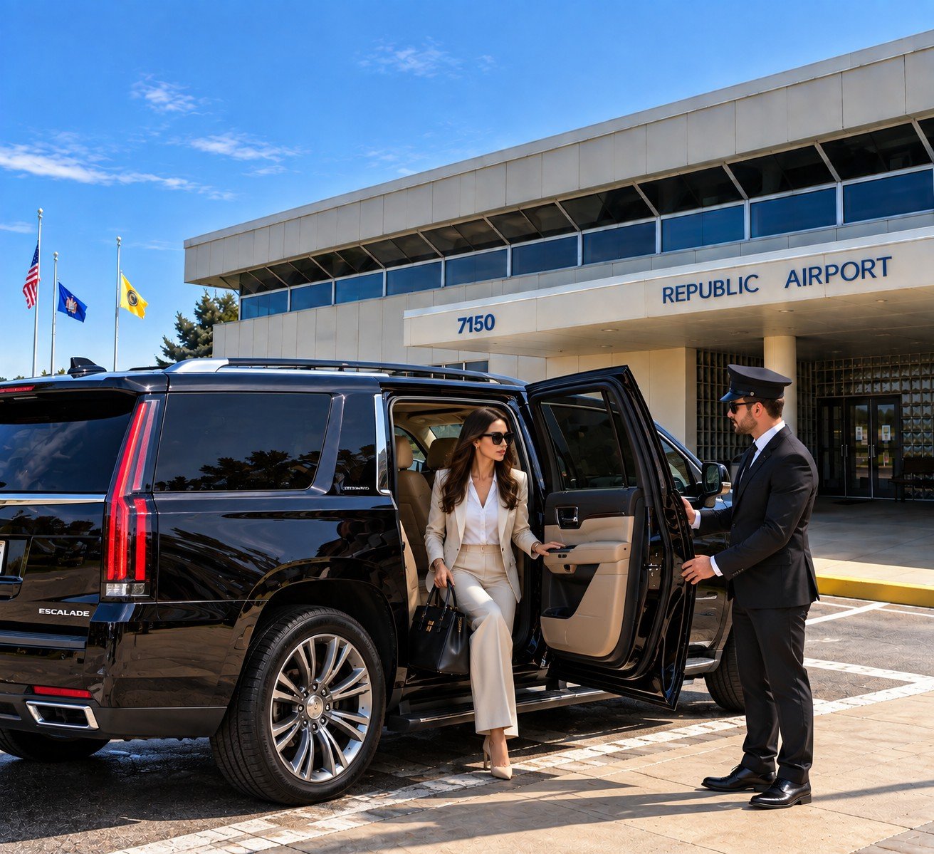 Chauffeur holding the door of a Cadillac Escalade for a private flight at Linden Airport