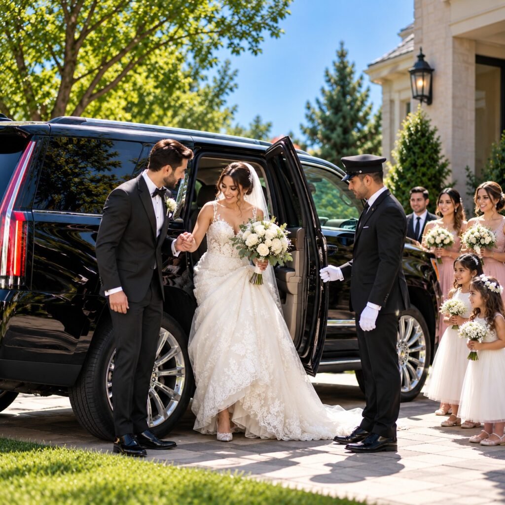 Groom and chauffeur helping a bride out of a black SUV as the wedding party looks on