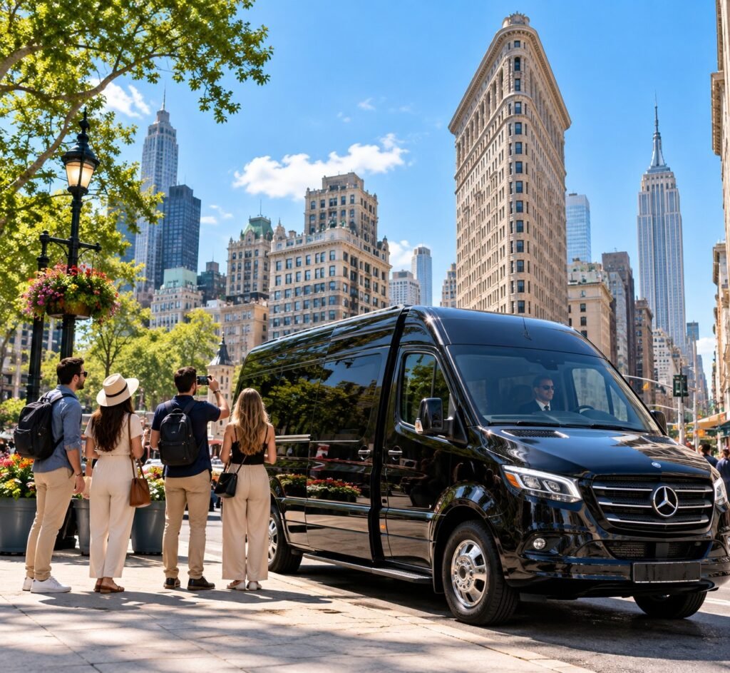 Visitors photographing the Flatiron Building beside a black Mercedes-Benz Sprinter