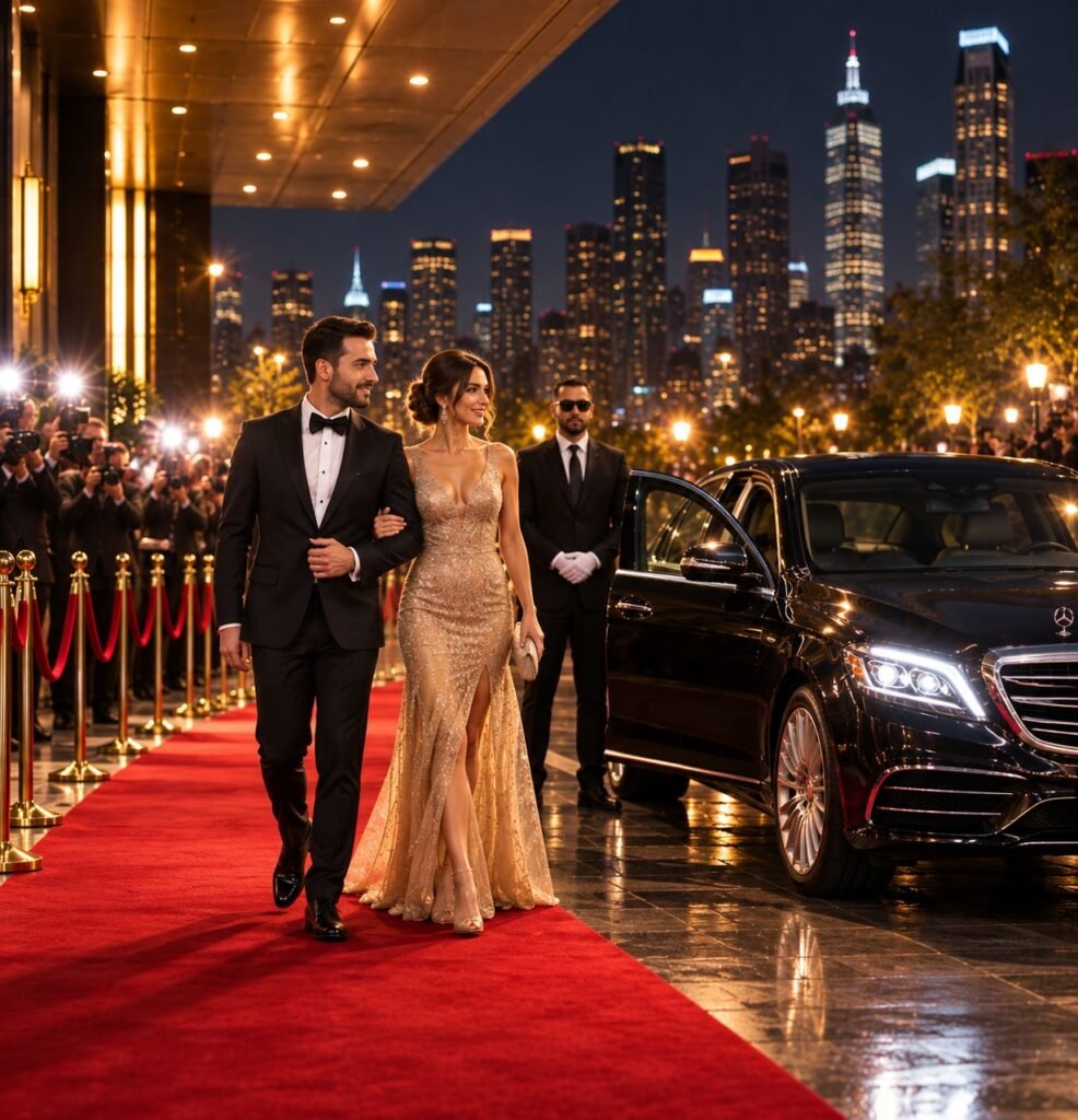 Couple on a red carpet beside a chauffeured black Mercedes sedan with the city skyline at night