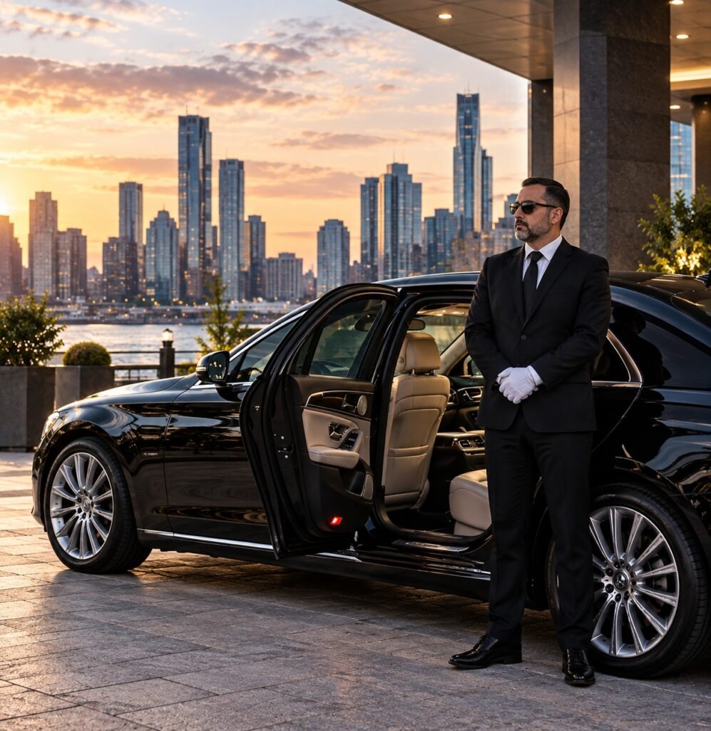 Chauffeur in white gloves beside an open sedan door with a city skyline at sunset