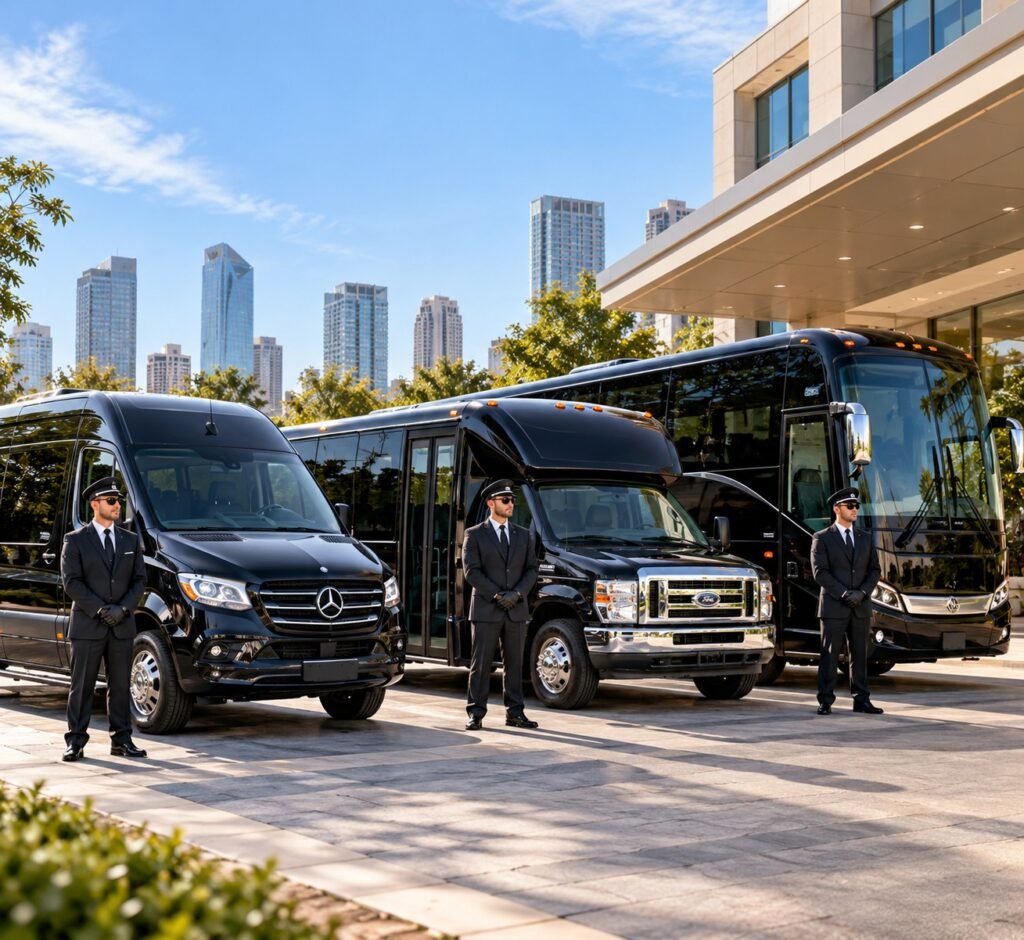 Chauffeurs standing beside a Mercedes Sprinter, a mini bus and a coach bus