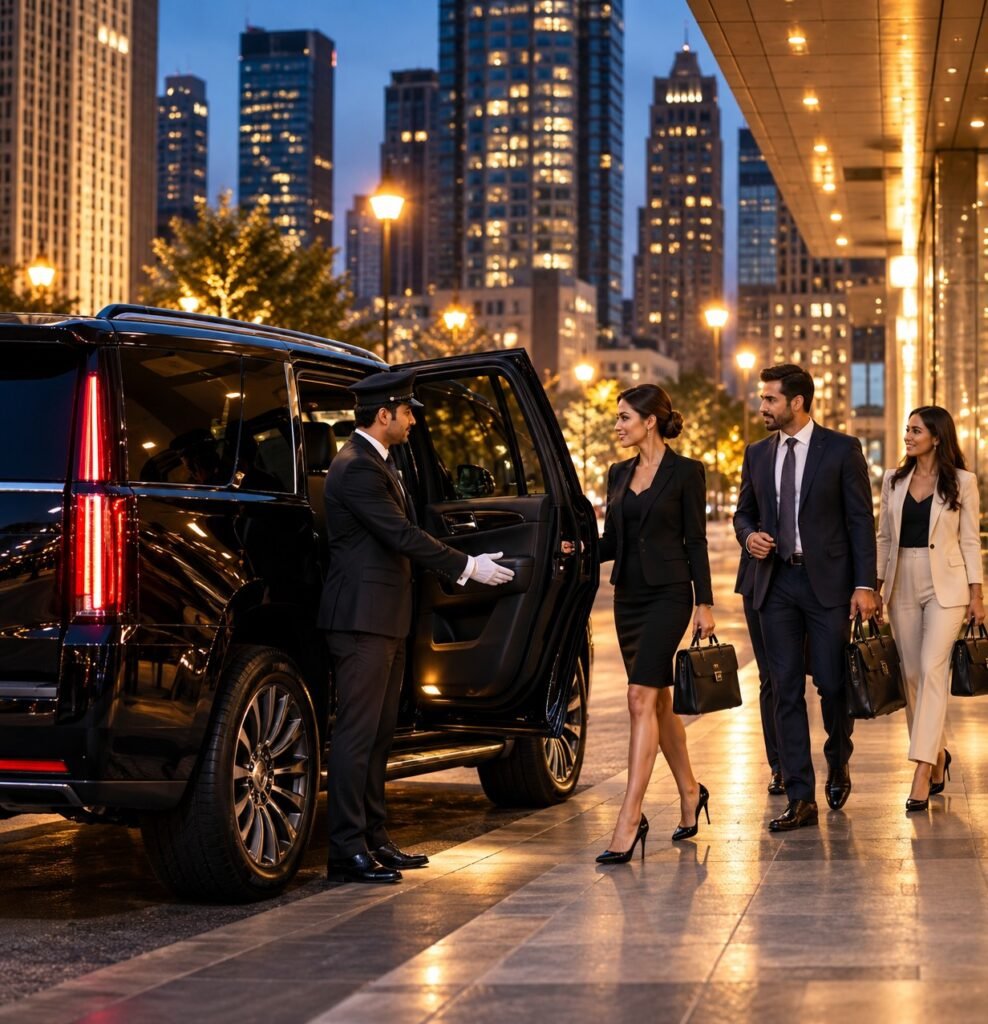 Chauffeur opening the door of a black SUV for professionals in the city at dusk
