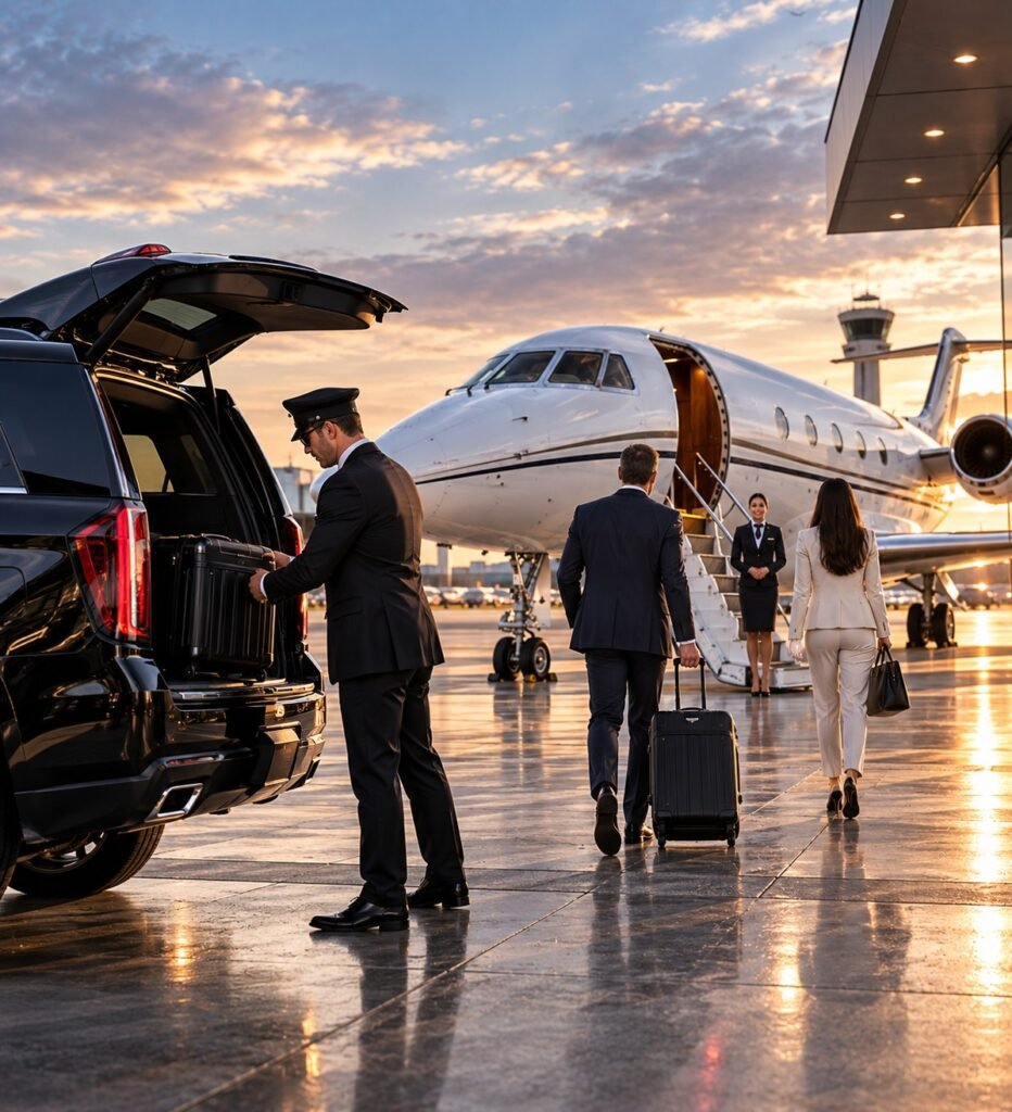 Chauffeur loading luggage into an SUV beside a private jet at sunset