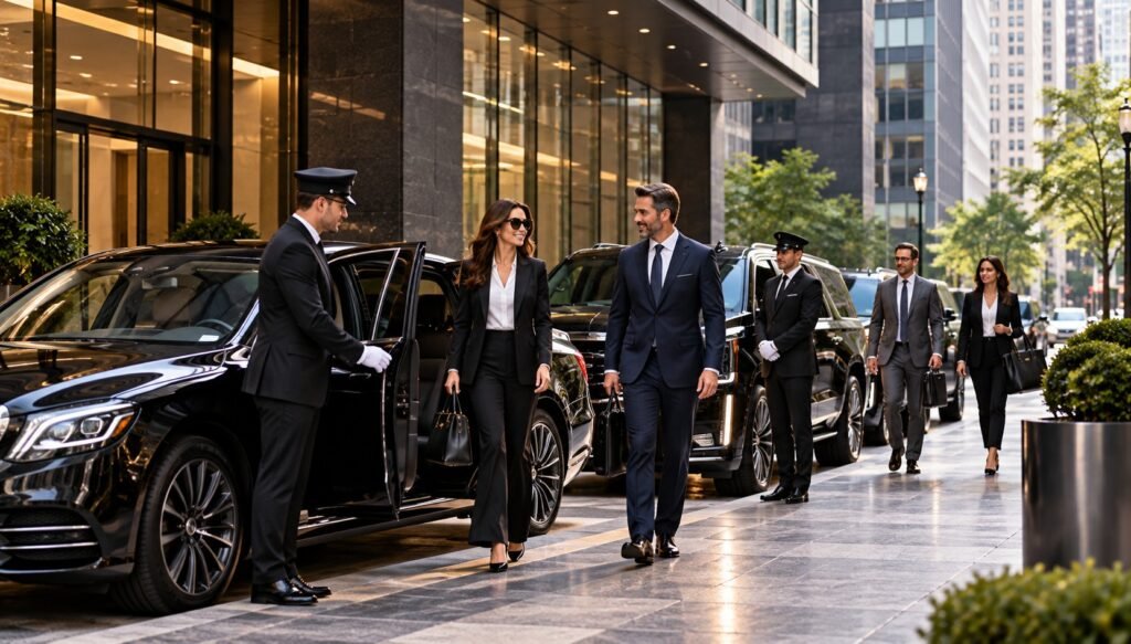 Chauffeurs greeting business travelers outside a corporate tower