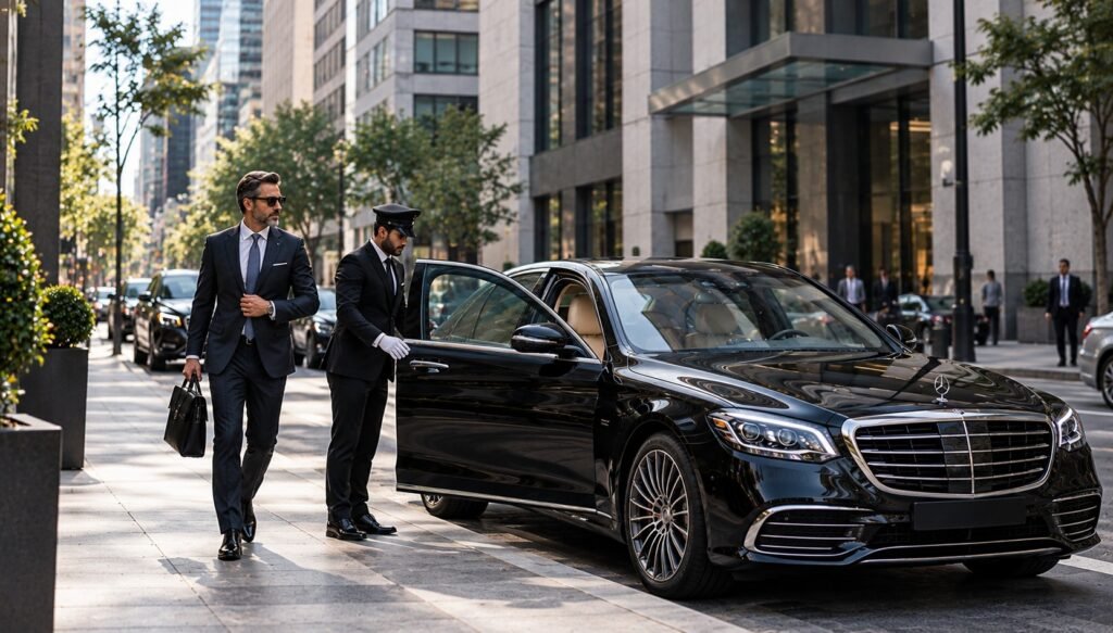 Chauffeur opening a Mercedes sedan door for an executive in Manhattan