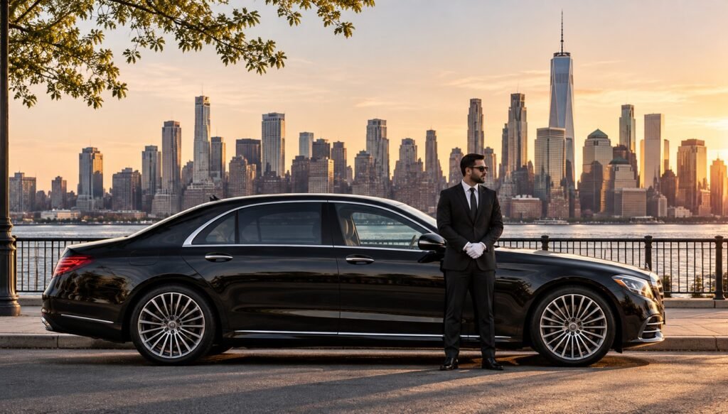 Chauffeur standing by a black sedan with the Manhattan skyline at sunset