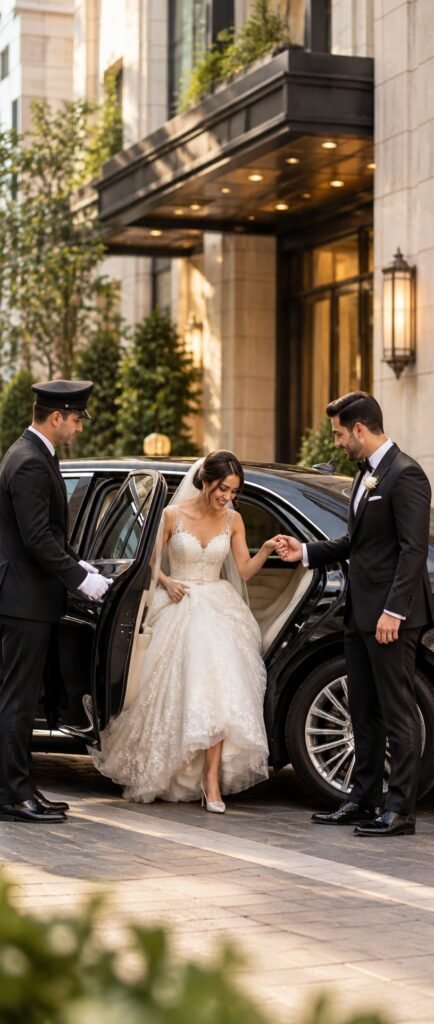Chauffeur and groom helping a bride out of a luxury car