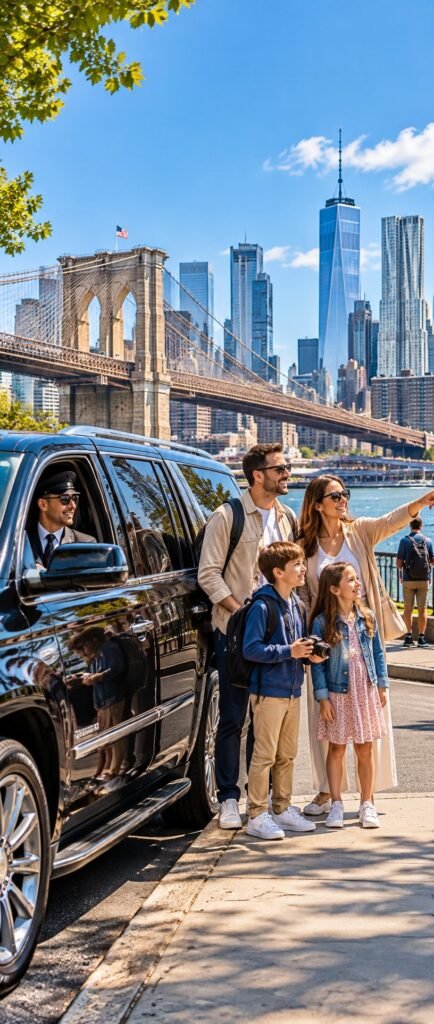 Family sightseeing by the Brooklyn Bridge with a chauffeured SUV