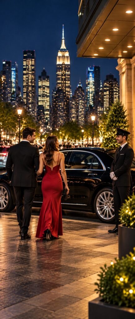 Couple arriving for an evening out with a chauffeur and the NYC skyline
