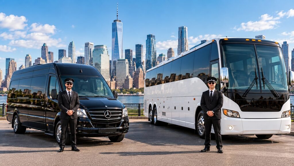 Chauffeurs with a Mercedes Sprinter and a coach bus in front of the NYC skyline